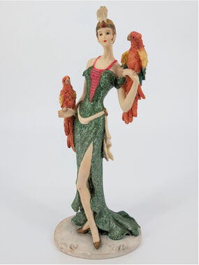 Albert Price 1991 Flapper Lady Parrots Green Glitter Art Deco Figurine 14" AS IS